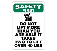 Cartello di avvertimento in metallo con scritta "Safety First Do Not Lift More Than You are Able It Takes Two to List Over 18,1 kg Warning Metal Sign 20,3 x 30,5 cm Novità alluminio latta decorazione