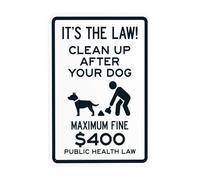 Cartello di avvertimento per legge sulla sanità pubblica, con scritta in inglese "It's The Law Clean Up After Your Dog Maximum Fine $400", per la sicurezza della cacca del cane, per la sicurezza della