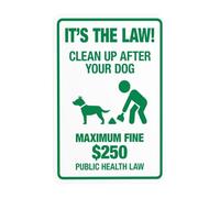 Cartello di avvertimento verde con scritta in inglese "It's The Law Clean Up After Your Dog Maximum Fine $250 Public Health Law in Green, Clean Up Dog Poop Security Metal Signs for Business Wall
