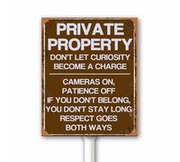 Cartello di avvertimento vintage con scritta in lingua inglese "Private Property - Don't Let Curiosity Become a Charge", con paletto, 12 x 15 cm, in alluminio, per quartieri, giardino, prato