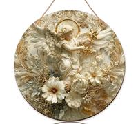 Cartello di benvenuto con angelo per porta d'ingresso, fiori ornamentali vintage, stelle dorate, senza oro, decorazioni per porte in legno, da appendere, decorazione per la casa, set da 1