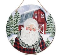 Cartello di benvenuto con Babbo Natale per porta d'ingresso, albero di pino rustico di Natale, fienile, in legno rosso, da appendere alla porta, decorazione frontale per esterni, set da 3