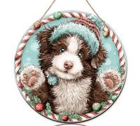 Cartello di benvenuto con cane per porta d'ingresso, fantasia natalizia con bastoncini di zucchero e fiocchi di neve, in legno turchese, benvenuto a casa, decorazione per portico stagionale, vacanze