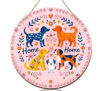 Cartello di benvenuto con cane per porta d'ingresso, giocoso cuore fantasioso fiore N/a legno di pesca Welcome to Our Home, cartello decorativo per portico da appendere all'aperto, set di 1