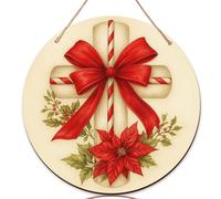 Cartello di benvenuto con croce per porta d'ingresso, nastro tradizionale natalizio a forma di stella di Natale, in legno rosso, per porta d'ingresso, bella decorazione per la casa, set da 1