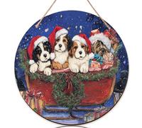 Cartello di benvenuto con cuccioli per porta d'ingresso, regalo natalizio natalizio in legno rosso con scritta "Welcome to our home" per porta d'ingresso, decorazione per portico, set da 1