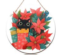 Cartello di benvenuto con gatto per porta d'ingresso, confezione regalo natalizia a forma di stella di Natale, in legno rosso, da appendere alla porta, bella decorazione per la casa, set da 1