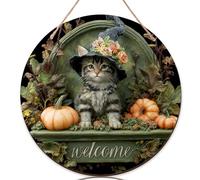 Cartello di benvenuto con gatto per porta d'ingresso, fiori di zucca autunnali di Halloween, in legno arancione, con scritta "Welcome to our home", decorazione da appendere per la casa, set da 1