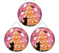Cartello di benvenuto con gatto per porta d'ingresso, giocoso Halloween caramelle mais fantasma Halloween legno di pesca Welcome to Our Home Home cartello decorazioni portico esterno set di 3