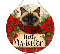 Cartello di benvenuto con gatto per porta d'ingresso, sciarpa natalizia invernale con stella di Natale in legno rosso per porta d'ingresso, bella decorazione per la casa, set da 1