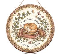 Cartello di benvenuto con gatto per porta d'ingresso, vintage libri fantasiosi edera N/a caldo legno beige Welcome to Our Home, cartello decorativo per esterni per portico e ingresso, set da 1