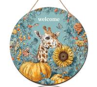 Cartello di benvenuto con giraffa per porta d'ingresso, fantasioso, vintage, girasole, zucca, autunno, legno di foglia di tè, Welcome to Our Home, decorazione per portico, da appendere, set da 3