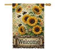 Cartello di benvenuto con girasole e ape, 71 x 101 cm | Honeybee Accents, Yard Flag, Rustic Scroll Sign, Farmhouse Estetic, Portico Decorativo, Cartello Stagionale Esterno
