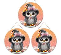 Cartello di benvenuto con gufo per porta d'ingresso, fantasioso cappello da strega di Halloween, decorazioni per porte in legno arancione, decorazioni da appendere per portico anteriore, set da 3