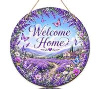 Cartello di benvenuto con lavanda per porta d'ingresso, romantiche farfalle e fiori primaverili in legno viola per porta d'ingresso, decorazioni per esterni, portico esterno, set da 1
