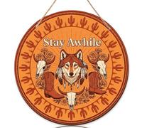 Cartello di benvenuto con lupo per porta d'ingresso, stile rustico occidentale con teschio e stivali, in legno arancione, da appendere al portico, per esterni, set da 1