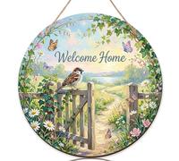 Cartello di benvenuto con passero per porta d'ingresso, natura fantasiosa cancello farfalla primavera verde decorazioni per porte in legno da appendere cartello decorazioni per esterni portico set di