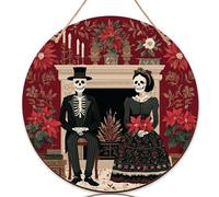 Cartello di benvenuto con scheletri per porta d'ingresso, stelle di Natale vintage, candelabri di Halloween, in legno rosso, con scritta "Welcome to our home", decorazione per appartamenti e ingressi