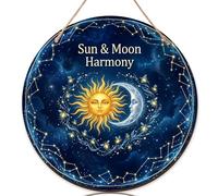 Cartello di benvenuto con sole per porta d'ingresso, luna celestiale fantasiosa, stelle, nessuna decorazione per porte in legno blu, decorazione per appartamenti e ingressi esterni, set da 1