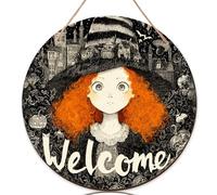 Cartello di benvenuto con strega per porta d'ingresso, fantasioso castello di zucca di Halloween, in legno arancione, con scritta "Welcome to our home", bella decorazione per la casa, set da 1