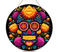 Cartello di benvenuto con teschio per porta d'ingresso, fiori festivi messicani, cuori, Halloween, legno arancione, Welcome to Our Home, decorazione per esterni, set da 1