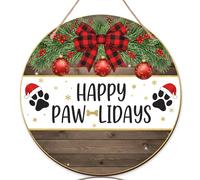 Cartello di benvenuto con zampa per porta d'ingresso, ghirlanda natalizia natalizia in legno rosso, cartello di benvenuto per portico anteriore, decorazioni per portico all'aperto, set da 1