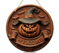 Cartello di benvenuto con zucca per porta d'ingresso, cappello da strega spettrale di Halloween, pipistrelli, in legno arancione, con scritta "Welcome to our home", decorazione per portico per la casa