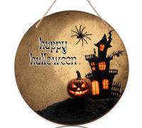 Cartello di benvenuto con zucca per porta d'ingresso, casa infestata spettrale di Halloween, ragno in legno arancione, Welcome to Our Home, decorazione per portico e ingresso esterno, set da 1