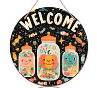 Cartello di benvenuto con zucca per porta d'ingresso, fantasioso barattolo di caramelle di Halloween in legno arancione Welcome to Our Home, decorazione per esterni, set di 1
