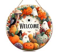 Cartello di benvenuto con zucca per porta d'ingresso, fantasioso fantasioso corvo fantasma di Halloween in legno arancione Welcome to Our Home, cartello decorativo per portico ingresso esterno, set da