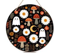 Cartello di benvenuto fantasma per porta d'ingresso, fantasioso fiore di fungo di Halloween in legno nero Welcome to Our Home, cartello per porta d'ingresso, decorazione stagionale per portico, set di