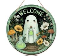 Cartello di benvenuto fantasma per porta d'ingresso, fiori fantasiosi di Halloween, funghi, in legno verde, con scritta "Welcome to our home", bella decorazione per la casa, set da 1