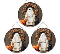 Cartello di benvenuto fantasma per porta d'ingresso, zucca festiva di Halloween, gatto, Halloween, in legno arancione, con scritta "Welcome to Our Home", decorazione per portico, da appendere, set da