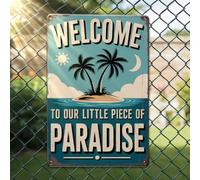 Cartello di Benvenuto Isola Tropicale Paradiso - Arte Murale Rustica in Alluminio e Targa in Metallo Stagno - 26,67x17,78 cm Decorazione Vintage per Interno ed Esterno per Casa, Ufficio, Caffè