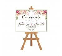 CARTELLO DI BENVENUTO MATRIMONIO CARTONCINO 50X70 FIORI GREENERY LEGNO VARI MOD