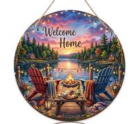 Cartello di benvenuto per caminetto per porta d'ingresso, rustico, accogliente, sedie estive in legno arancione caldo, portico per esterni, portico, decorazione per portico anteriore, ingresso esterno