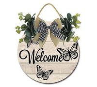 Cartello di benvenuto per porta d'ingresso, ghirlanda di legno rotonda rustica, decorazione strana, decorazione per portico anteriore, regalo per tutte le stagioni primavera
