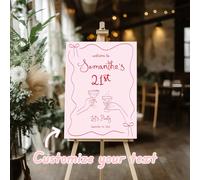 Cartello di benvenuto personalizzato con fiocco rosa - Testo e data personalizzabili, elegante decorazione per matrimonio, compleanno, festa di nascità, comunione, fidanzamento, pensionamento, facile 