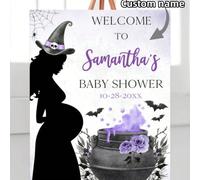 Cartello di benvenuto personalizzato per festa di nascità di Ognissanti, con tema viola, rosa e verde "Un bebè sta arrivando", decorazioni per festa di nascità di Ognissanti per una bambina, cartellon