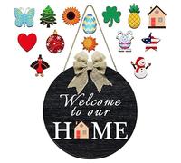 Cartello di benvenuto "Welcome to Our Home" per porta fai da te in legno con simboli stagionali intercambiabili, targhetta decorativa fatta a mano, alternativa al cambio a seconda della stagione