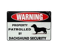 Cartello di sicurezza con scritta in inglese "Warning Property Patrolled By Dachshund Security Sign for Dachshund Decor Accessories Gift for Dachshund Lover" divertente targa in metallo per interni ed