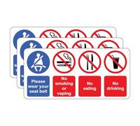 Cartello di sicurezza con scritta in lingua inglese "Seat Belt Must be Worn/no Eating/no Drinking/No Smoking/Safety Sign - Vehicle Rules - Autoadesivo 150 mm x 71 mm [confezione da 3] Dimensioni
