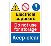 Cartello di sicurezza con scritta "V Safety Electrical cupboard/Do not use for storage/Keep Clear, 210 x 297 mm (A4), 3 mm, in alluminio composito