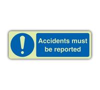 Cartello di sicurezza con scritta "V Safety Glow In The Dark Accidents Must Be Reported", formato orizzontale, 300 x 100 mm, realizzato in vinile autoadesivo a doppia luce, segnaletica professionale