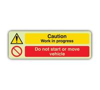 Cartello di sicurezza con scritta "V Safety Glow In The Dark Caution Work in Progress - Do Not Start Vehicle Sign - Formato orizzontale - 600 x 200 mm - Realizzato in vinile autoadesivo a doppia luce