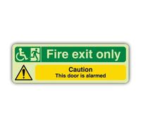 Cartello di sicurezza con scritta "V Safety Glow In The Dark Fire Exit Only Caution This Door Is Alarmed", 210 x 70 mm, realizzato in plastica rigida a tripla luce, segnaletica antincendio, prodotta