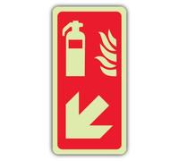 Cartello di sicurezza con scritta "V Safety Glow in the Dark" per estintore, con freccia verso il basso a sinistra, formato simbolo, 80 x 160 mm, realizzato in vinile autoadesivo triplo fosforescente