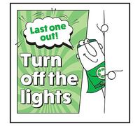 Cartello di sicurezza con scritta "V Safety Last One Out! Turn Off The Lights Man Right", 100 x 100 mm, 3 mm, in alluminio composito