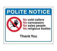 Cartello di sicurezza con scritta "V Safety Polite Notice, No Cold Callers, No Canvassers, No Sales...Thank You", 150 x 100 mm, 3 mm, in alluminio spazzolato composito