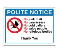 Cartello di sicurezza con scritta "V Safety Polite Notice, No Junk Mail, No Canvassers, No Cold...Thank You", 150 x 100 mm, 3 mm, in alluminio spazzolato composito